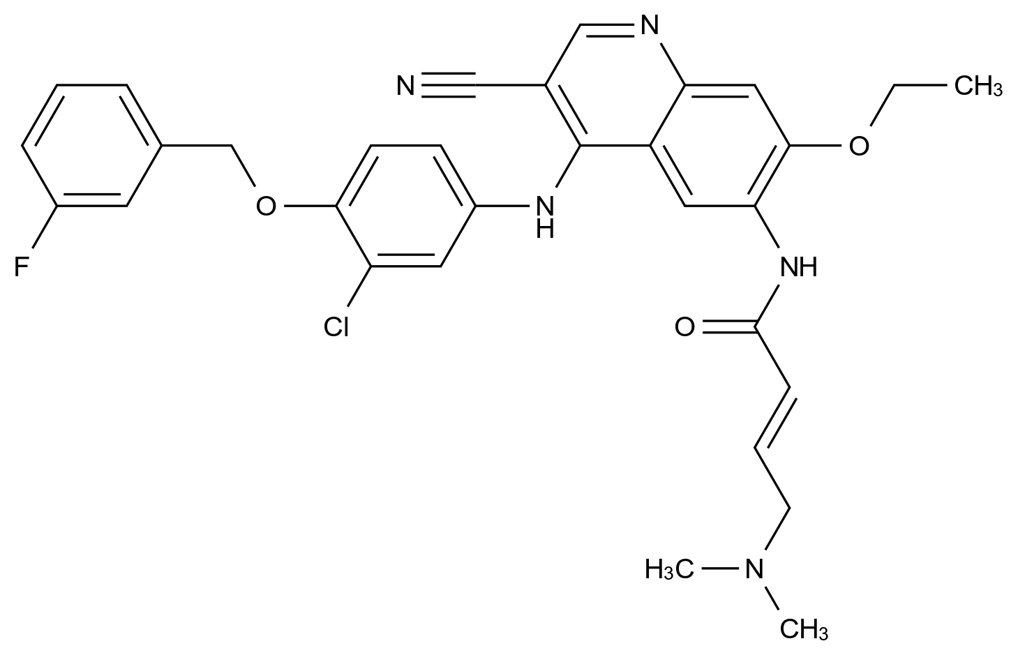 (E)-N-(4-((3-氯-4-((3-氟苄基)氧基)苯基)氨基)-3-氰基-7-乙氧基喹啉-6-基)-4-(二甲基氨基)丁-2-烯酰胺 (E)-N-(4-((3-Chloro-4-((3-fluorobenzyl)oxy)phenyl)amino)-3-cyano-7-ethoxyquinolin-6-yl)-4-(dimethylamino)but-2-enamide CAS 848133-17-5 结构式 Chemical Structure