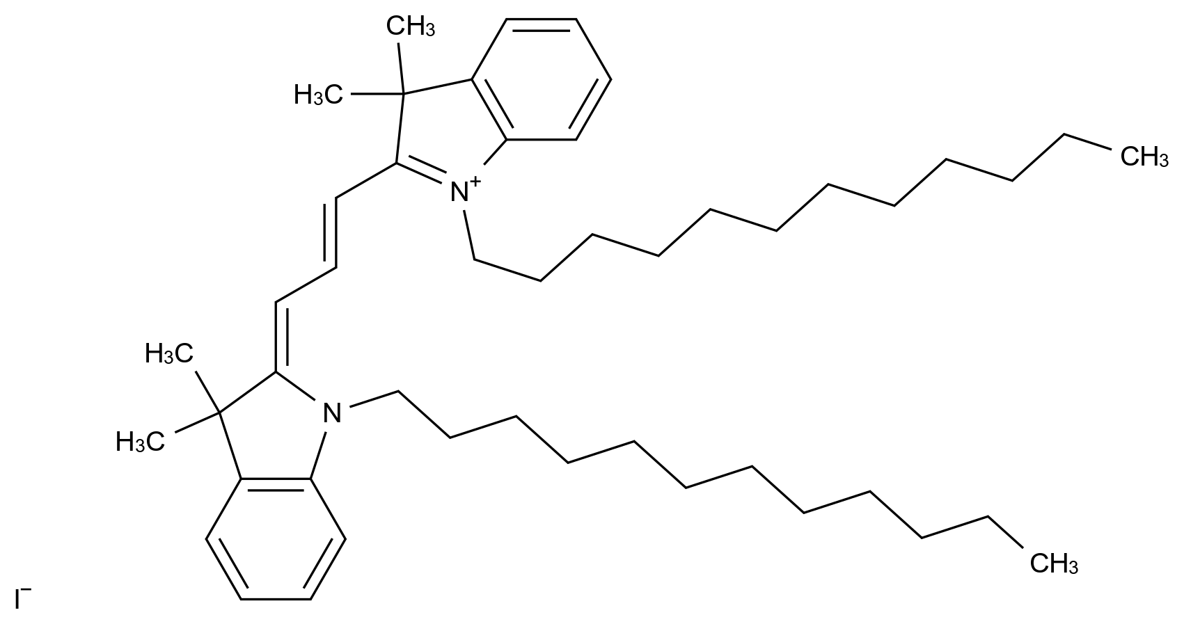 1-Dodecyl-2-(3-(1-dodecyl-3,3-dimethylindolin-2-ylidene)prop-1-en-1-yl)-3,3-dimethyl-3H-indol-1-ium iodide CAS 75664-01-6 chemical structure