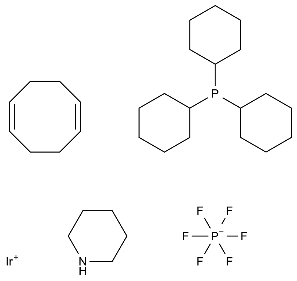 CAS No.:64536-78-3,(Tricyclohexylphosphine)(1,5-cyclooctadiene)(pyridine)iridium(I) hexafluorophosphate
64536-78-3
(1,5-CYCLOOCTADIENE)(PYRIDINE)(TRICYCLOHEXYLPHOSPHINE)-IR(I) PF6;(1,5-CYCLOOCTADIENE)PYRIDINE(TRICYCLOHEXYLPHOSPHINE)IRIDIUM HEXAFLUOROPHOSPHATE;(TRICYCLOHEXYLPHOSPHINE)(1,5-CYCLOOCTADIENE)(PYRIDINE)IRIDIUM(I) HEXAFLUOROPHOSPHATE;(TRICYCLOHEXYPHOSPHINE)(1,5-CYCLOOCTADIENE)(PYRIDINE)IRIDIUM(I) HEXAFLUOROPHOSPHATE;1,5-CYCLOOCTADIENE(PYRIDINE)(TRICYCLOHEXYLPHOSPHINE)IRIDIUM(I) HEXAFLUOROPHOSPHATE;CRABTREE PRECURSOR COMPLEX;CRABTREE'S CATALYST;IRIDIUM(I) HEXAFLUOROPHOSPHATE (1,5-CYCLOOCTADIENE)-(PYRIDINE)-(TRICYCLOHEXYLPHOSPHINE) COMPLEX;[IR(COD)(PCY3)(PY)]PF6
SC10616
