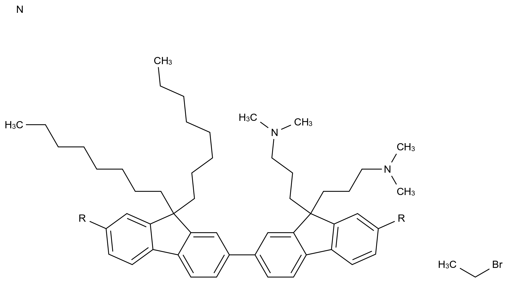  Poly[9,9-bis[3-(dimethylamino)propyl]-9′,9′-dioctyl[2,2′-bi-9H-fluorene]-7,7′-diyl], compd. with bromoethane CAS 673474-77-6 结构式 Chemical Structure