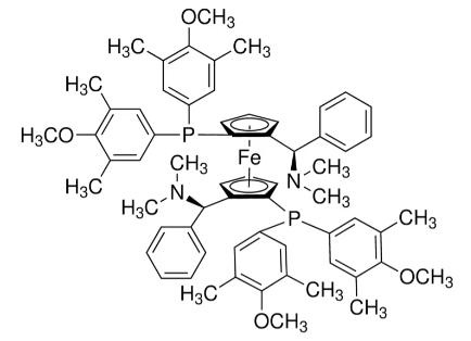 (SP,S′P)-1,1′-双[双(4-甲氧基-3,5-二甲苯基)膦基]-2,2′-双[(R)-α-(二甲氨基)苯甲基]二茂铁 (SP,S′P)-1,1′-Bis[bis(4-methoxy-3,5-dimethylphenyl)phosphino]-2,2′-bis[(R)-α-(dimethylamino)benzyl]ferrocene CAS 494227-37-1 结构式 Chemical Structure